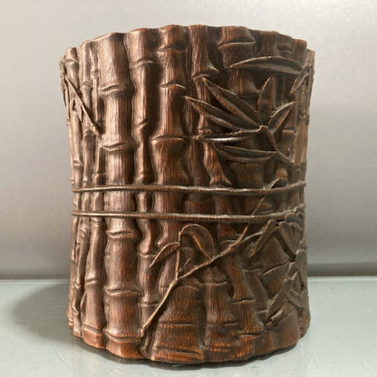 chinese bamboo carving antique carved brush pot pen case wood statue bamboo leaf