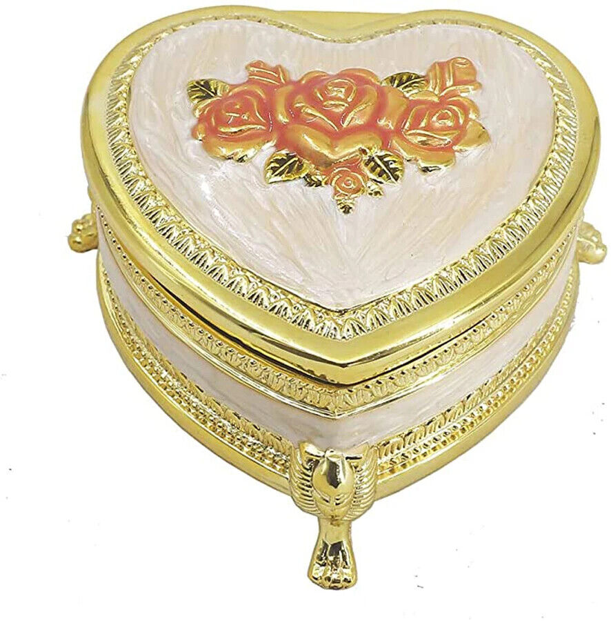 Music Box Emboss Alloy Metal Heart Shape Wind Up Movement Clockwork 10x9.8x5.6cm
