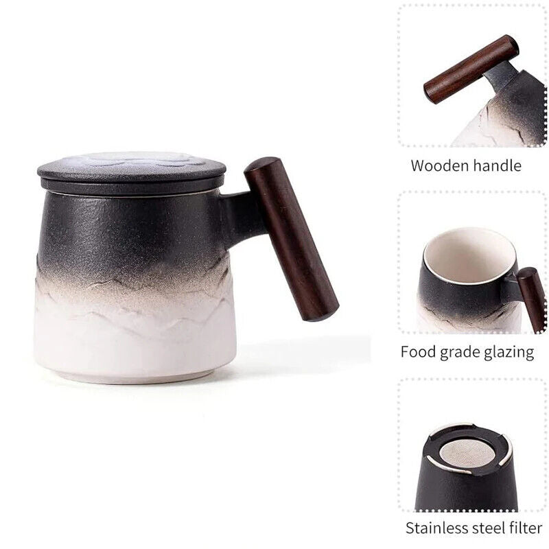 Tea Mugs Ceramic Tea Coffee Cup Beer Mug Infuser Lid Wooden Handle Tableware