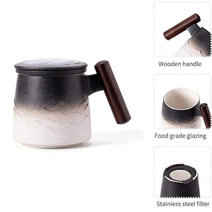 Tea Mugs Ceramic Tea Coffee Cup Beer Mug Infuser Lid Wooden Handle Tableware