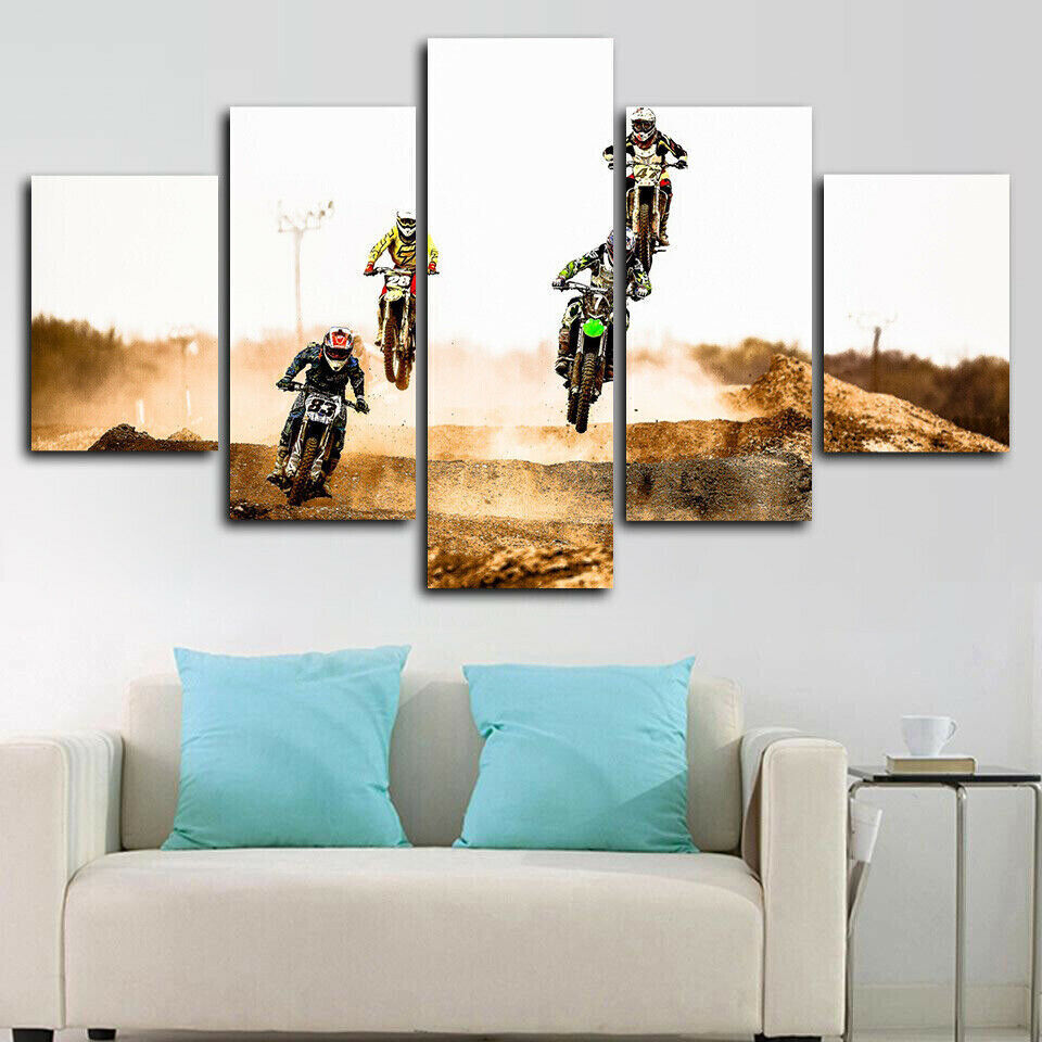 Dirt Motocross Desert Bike Race 5 Panel Canvas Print Wall Art Poster Home Decor