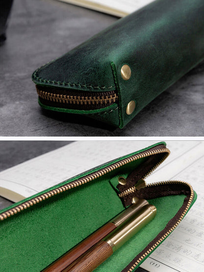 Handmade Cowhide Leather Vintage Zipper Pen Pencil Case Stationery Storage Bag