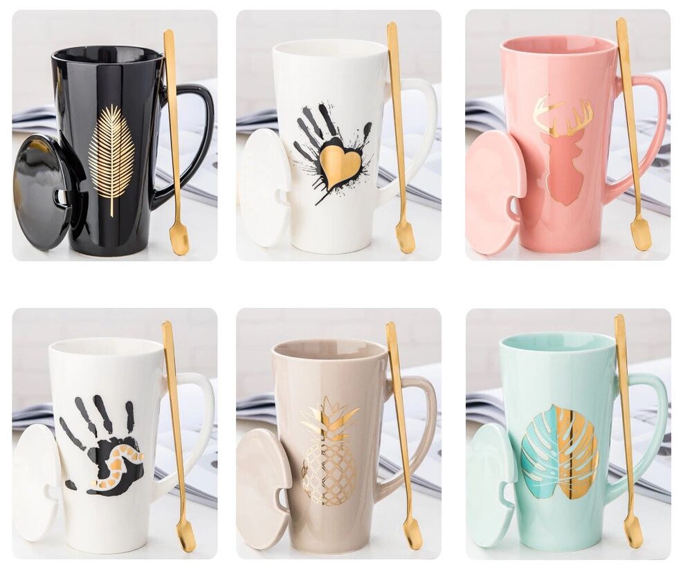 500ml Couple Cup 15x8.5cm Ceramic Coffee Mugs With Spoon & Cover Drinkware Gifts