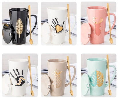 500ml Couple Cup 15x8.5cm Ceramic Coffee Mugs With Spoon & Cover Drinkware Gifts