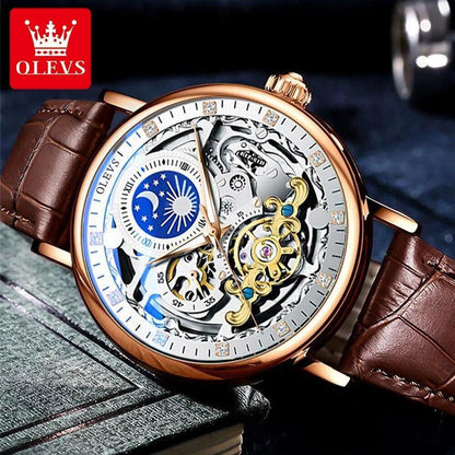 Mens Gold Dual Time Skeleton Automatic Mechanical Watch Black Orange Leather