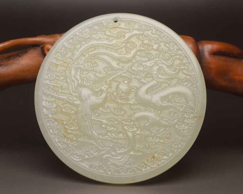 Top Chinese Natural Hetian Jade Carved Dragon Phoenix Statue Lucky Jade Pendant