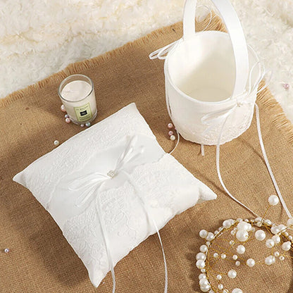 Ring Pillow Basket White Wedding Flower Girls Lace Pearl Event Party Decorations