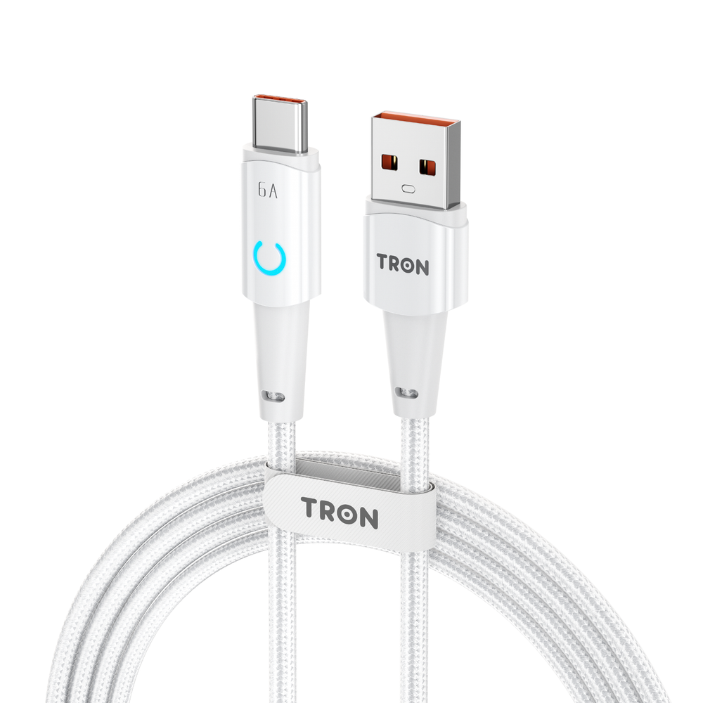 USB A to C Braided Charger Cable - Black & White, 6FT, with LED Light