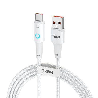 USB A to C Braided Charger Cable - Black & White, 6FT, with LED Light