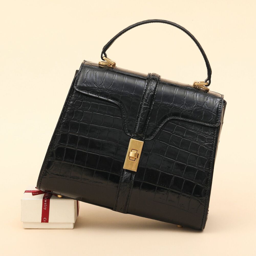 Black Alligator Crocodile Belly Skin Handbag, New Desinger Women's Shouler Bag