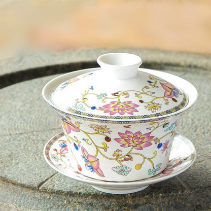 Luxurious Porcelain Ceramic Gaiwans Flower Designed Tea Cups And Saucers Set New