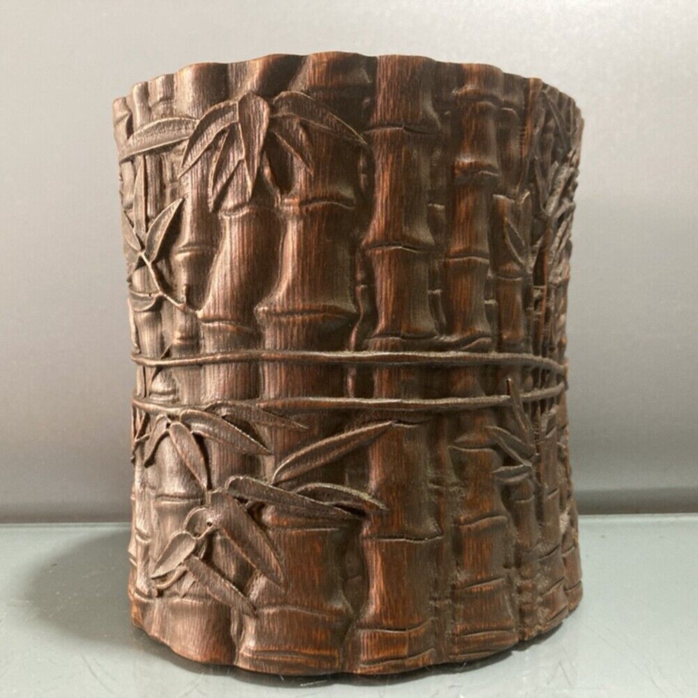 chinese bamboo carving antique carved brush pot pen case wood statue bamboo leaf