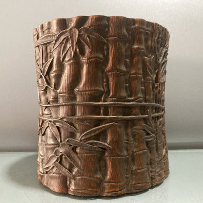 chinese bamboo carving antique carved brush pot pen case wood statue bamboo leaf
