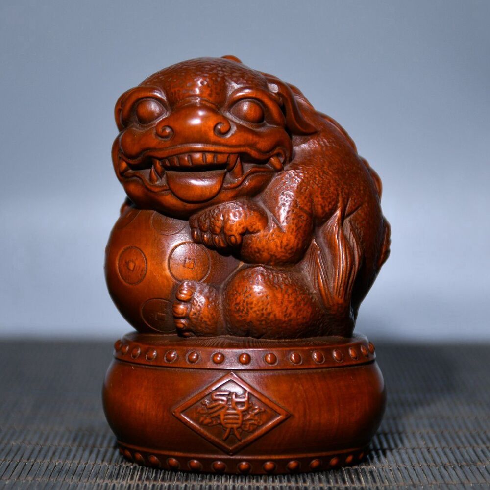 Vintage Chinese Boxwood Carving Exquisite A Pair Beast Statue Figurine Ornaments