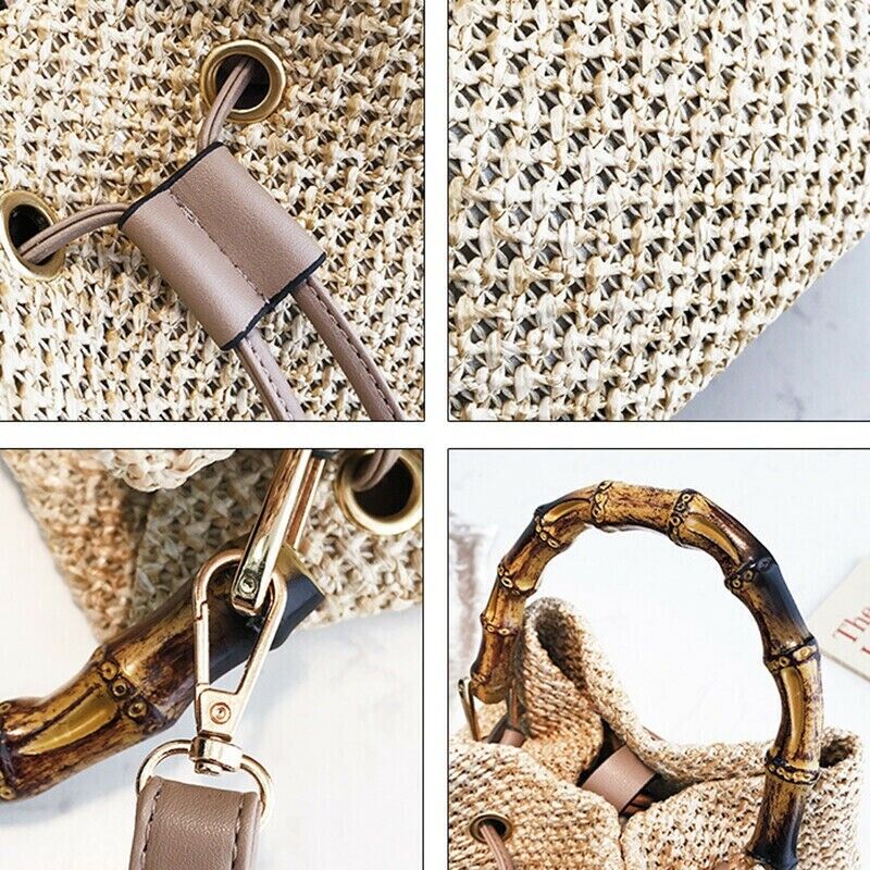 Women Ladies Handbag Vintage Straw Summer Beach Handbag Bucket Tote Shoulder Bag
