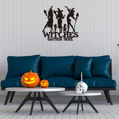 1pc, Witches Gather Here Funny Metal Sign, Halloween Farmhouse Decor Metal Sign