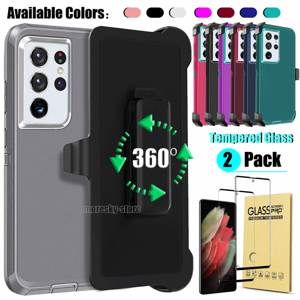 For Samsung Galaxy S21 Plus/Ultra 5G Hard Belt Clip Case Cover Tempered Glass