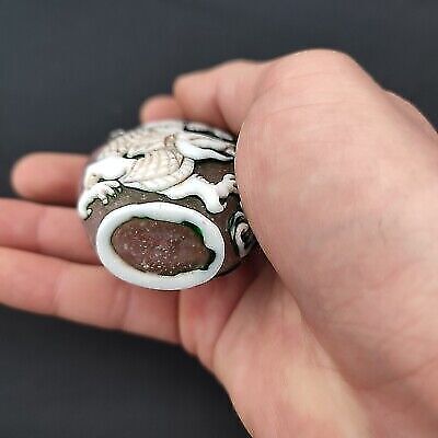 Vintage peking glass snuff bottle collection chinese dragon statue kylin overlay