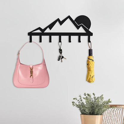 Mountain Metal Key Holder 7 Hooks Sunset Scenery Black Iron Wall Mounted Hooks