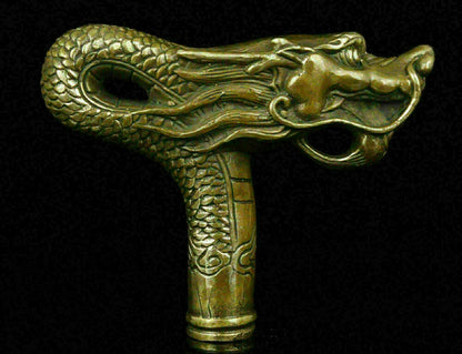Chinese Brass Copper Hand carved Cane Walking Stick Head Handle Dragon Statue