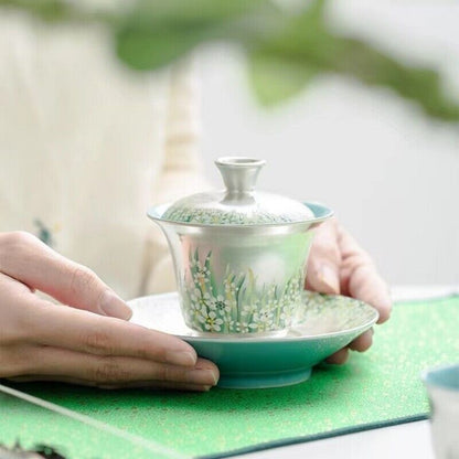 complete tea set silver plated gaiwan matching tea cup towel handmade floral new