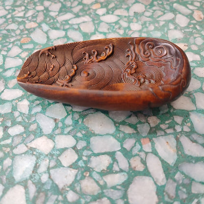 Boxwood Carving Tea Shovel Figuras Decorativas Dragon Statue Sea Wave Wooden Art
