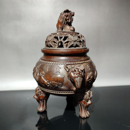 Boxwood Tripod Censer buddha incense holder lion statue Animal figurines antique