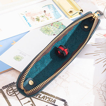 Handmade Cowhide Leather Vintage Zipper Pencil Case mini Single Pen Bag
