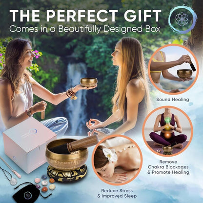 Tibetan Singing Bowl Set Handcrafted in Nepal for Meditation Yoga Stress Relief