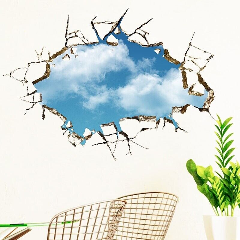 Broken Hole 3D Blue Sky Cloud Wall Sticker Living Room Decoration Decals 50x70cm