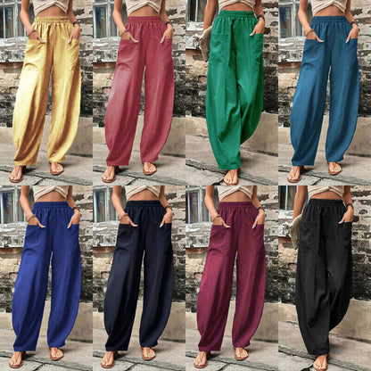 Women Summer Ice Silk Pocket Wide Leg Baggy Pants Elastic High Waist Trousers