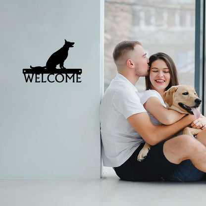 Sitting German Shepherd Dog Welcome Sign - 12 inch Wide Metal Wall Art