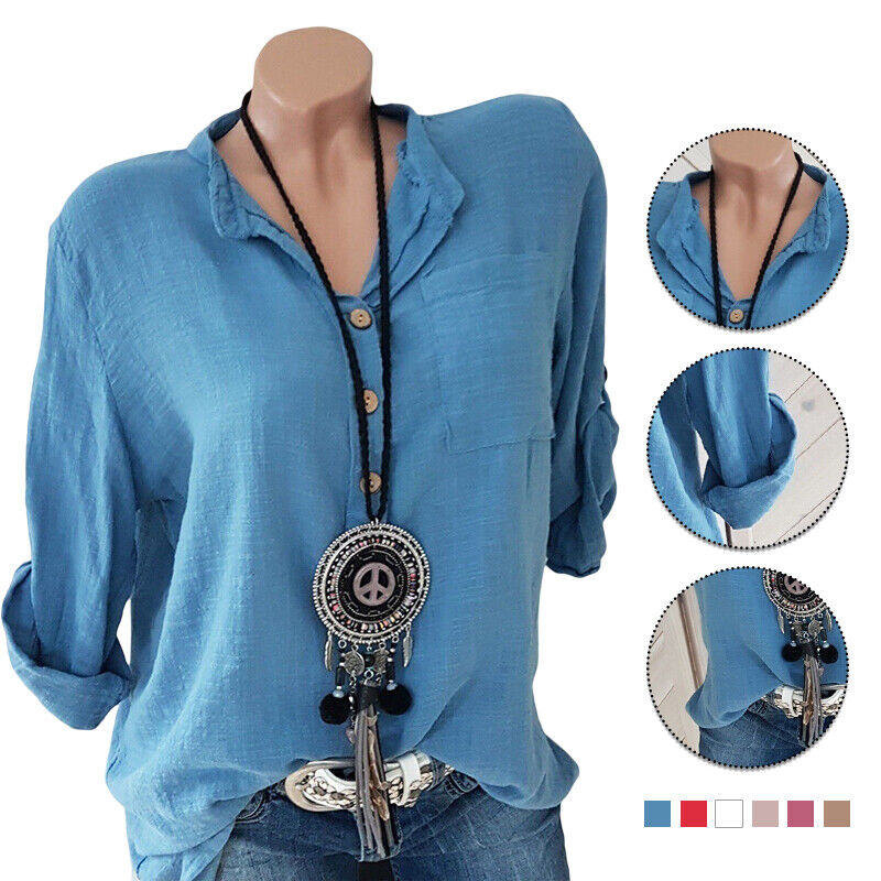 Womens Tunic Cotton Linen Pullover Blouse Tops Ladies Baggy Long Sleeve T-Shirt