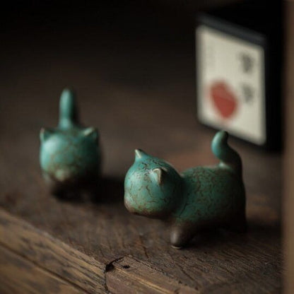 Tea Pet Cute Cat Dark Green Lucky Cat Tea Decorative Figurine