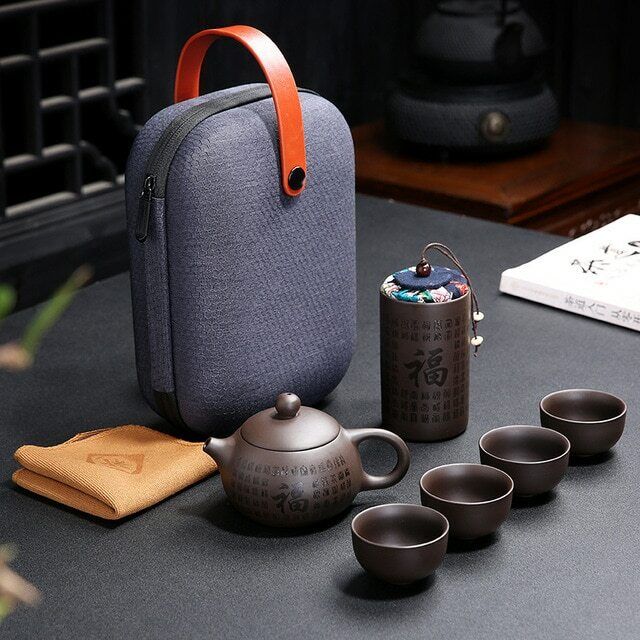 Portable Travel Tea Set Purple Clay Kung Fu Teaset Chinese Ceramic TeaPot 4 Cups