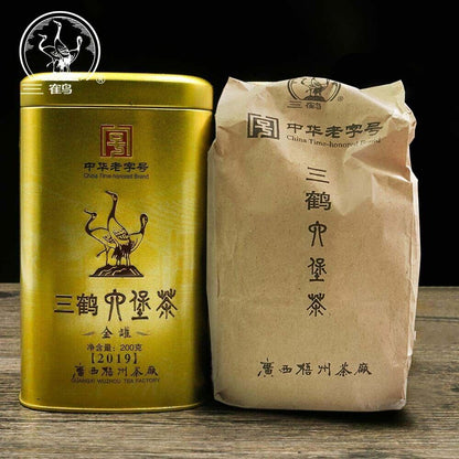Three Cranes 2019 Loose Dark Tea Guangxi Liupao Box Tea Hei Cha Golden Jar 200g