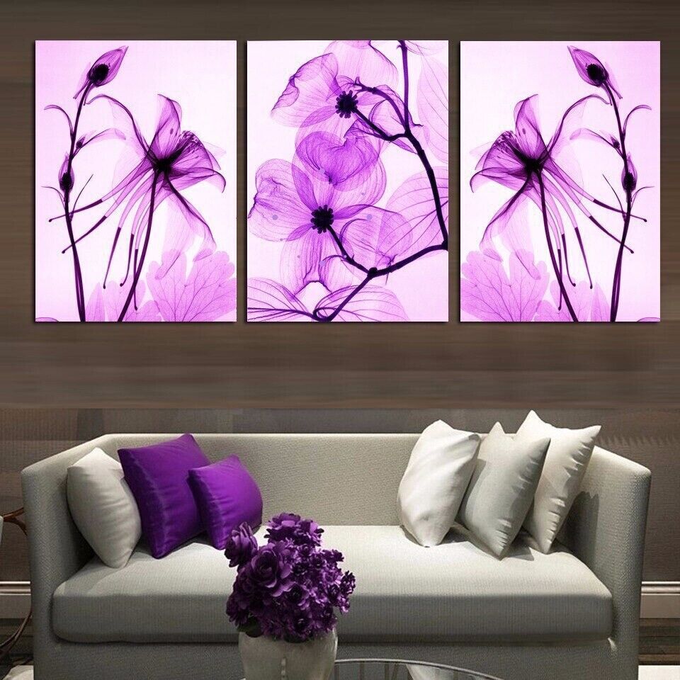 Abstract Purple Flowers 3 Pieces Canvas Print Wall Art Poster Home Decor