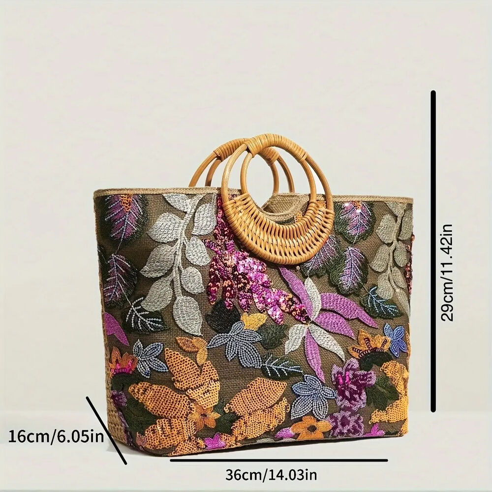 Sequin Flower Graphic Top Handle Bag, Ethnic Tote and Bohemian Handbag Vacation