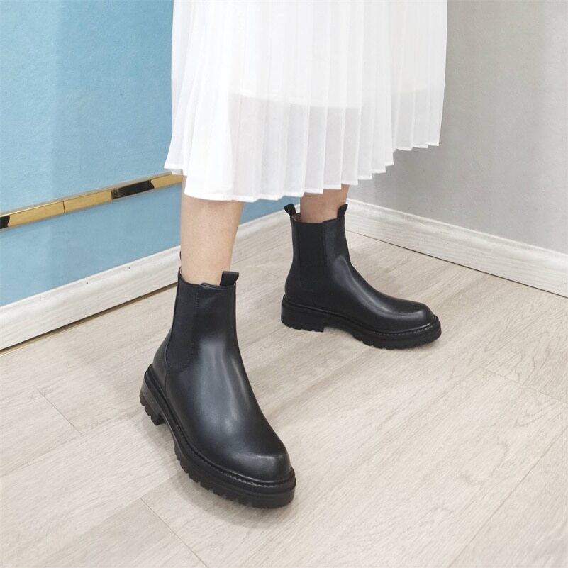 Women Ankle Boots Genuine Leather Boots Platform Chunky Low Heel Short Booties