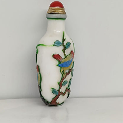chinese carved tree bird statue peking glass snuff bottle painted Carving glaze
