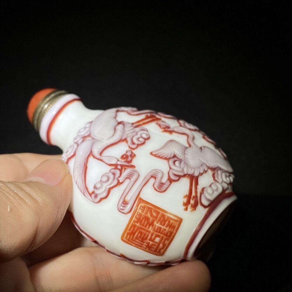 collections Old Beijing chinese glass snuff bottle carved crane statue deer nice