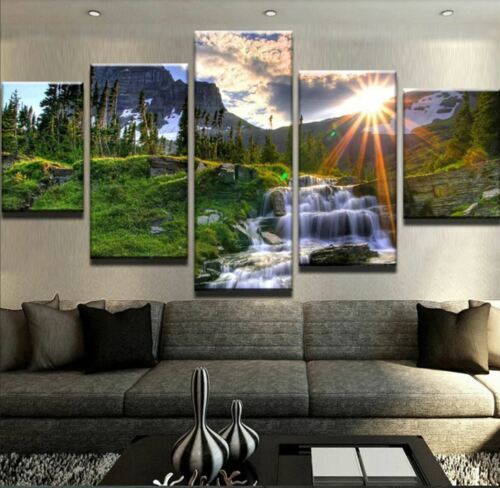 Sunshine in Valley Waterfall 5 Pcs Canvas Wall Art Painting Poster Home Decor