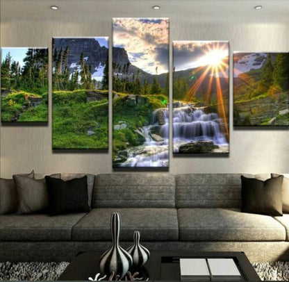Sunshine in Valley Waterfall 5 Pcs Canvas Wall Art Painting Poster Home Decor