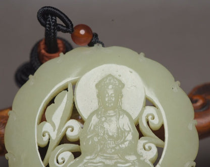 Chinese Natural Hetian Jade Carved Kwan Yin Statue Good Luck Pendant Jewelry Art