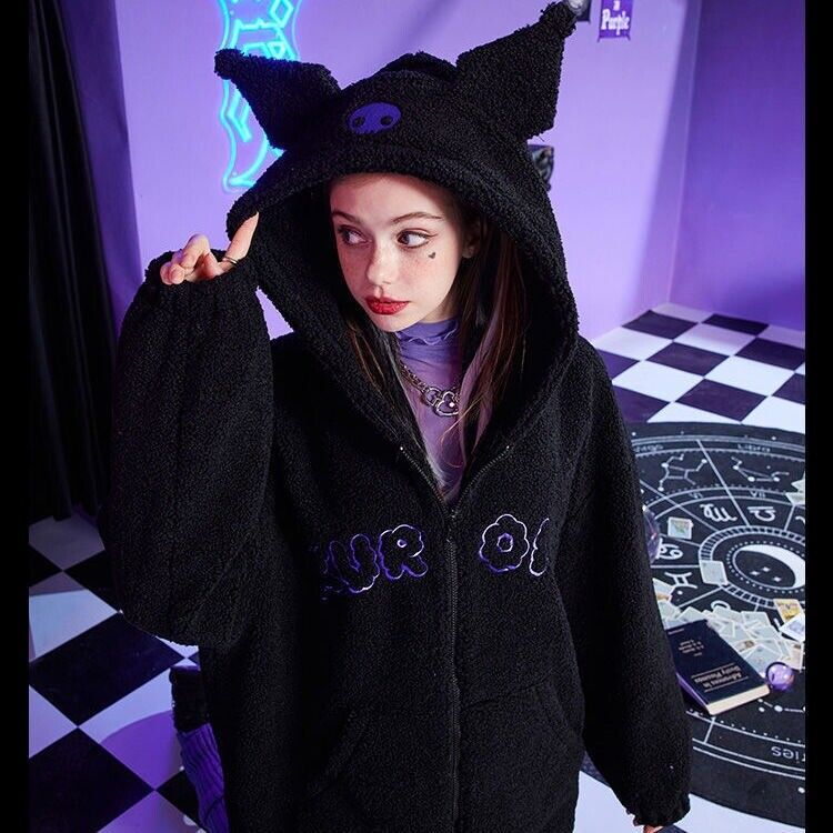 Girl KUROMI Devil Black Fleece Hooded Sweatshirt Zipper Jacket Causual Coat Tops