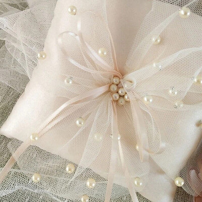 Wedding Ring Pillow Lace Ribbon Satin Cushion W/ Heart Rhinestones Decor 15x15cm