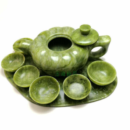 Chinese Traditional Natural Handmade Jade Teapot Carving Gong Fu Tea Cup Set