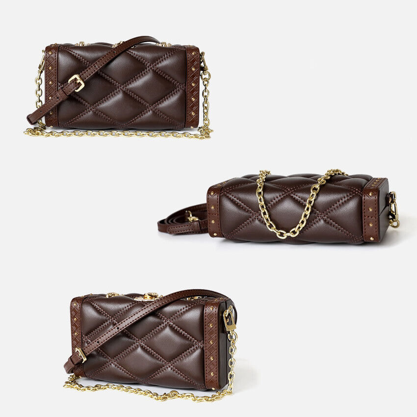 Small Mini Quilted Lambskin Leather Clutch Box Case Shoulder Bag Purse w/ Chain