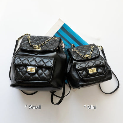 Small Mini Quilted Leather Backpack Drawstring Bucket Bag Flap Purse Chain Strap