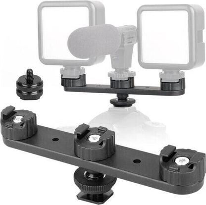 Triple Cold Shoe Mount Extension Bar Hot Shoe Adapter Camera Bracket w 1/4 Screw
